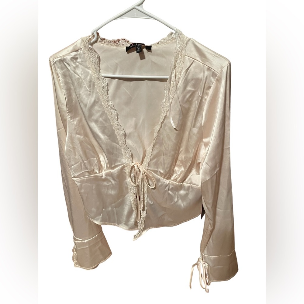 NWT ivory and lace satin appearance front tie crop top with long bell sleeve